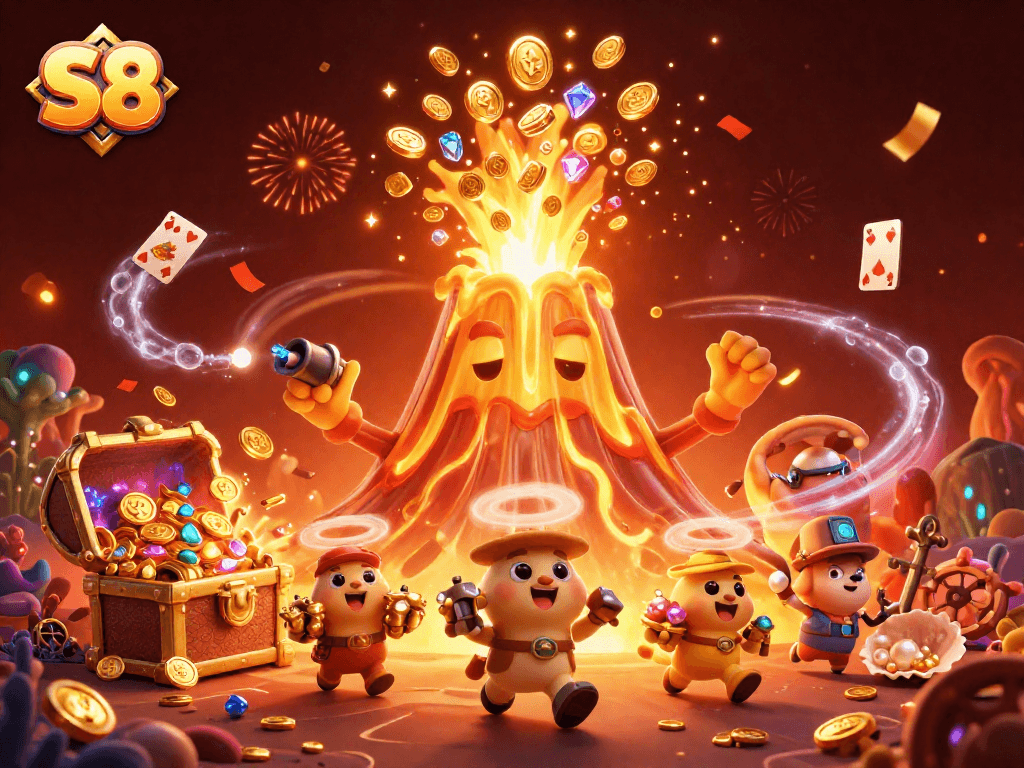 Engage with S8's vibrant online casino scene showcasing a golden volcano erupting treasures.
