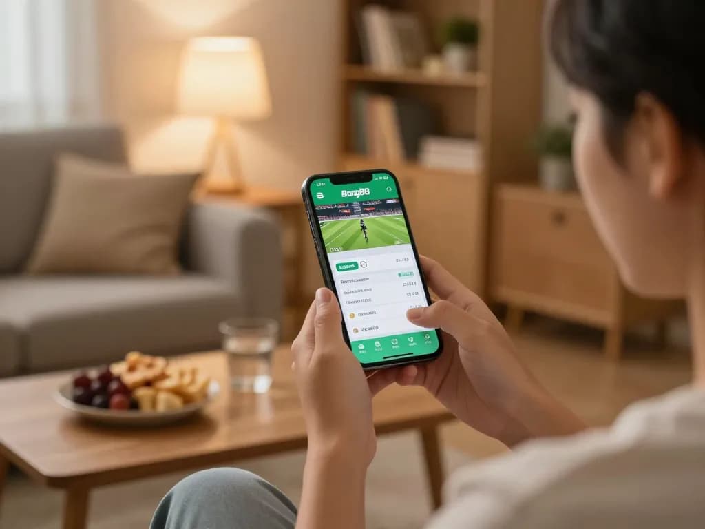 Bong88 user enjoying mobile sports betting on a smartphone in a cozy home setting with live odds and betting features visible.