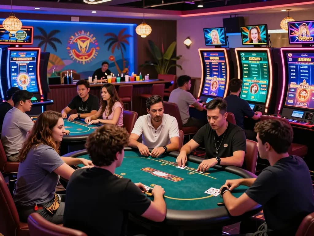 Engaged players experiencing the thrill of 23win's online casino games with vibrant settings and interactive displays.