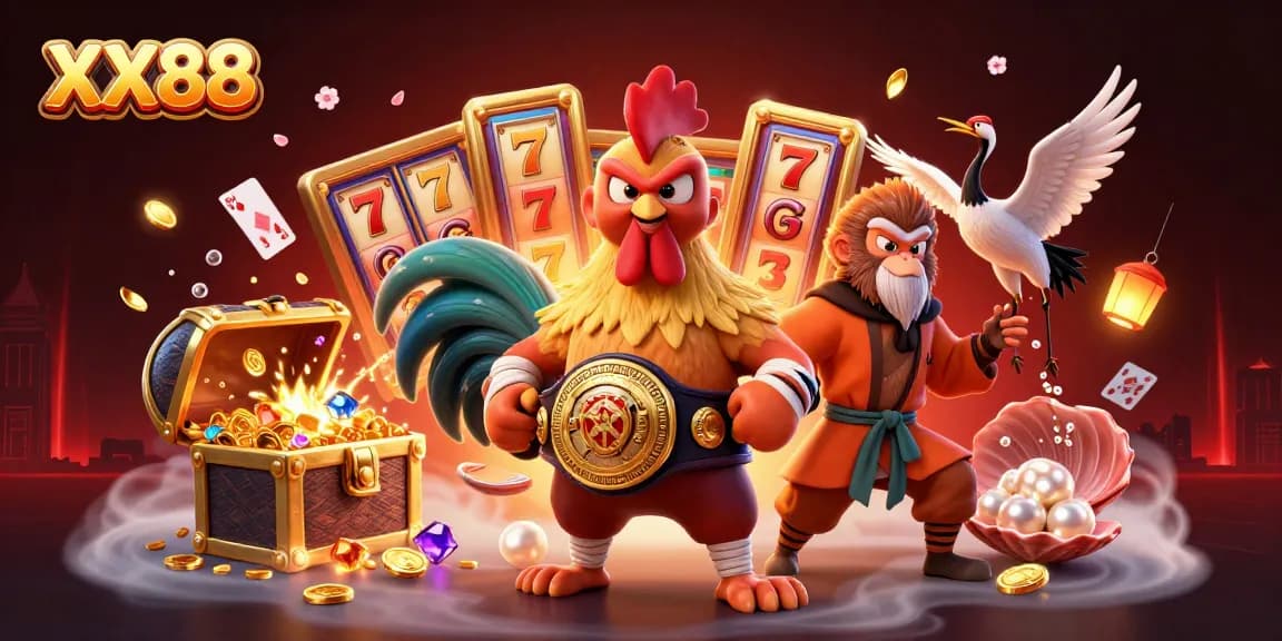 Experience the excitement of XX88 online slots with vibrant characters immersed in rich casino elements.