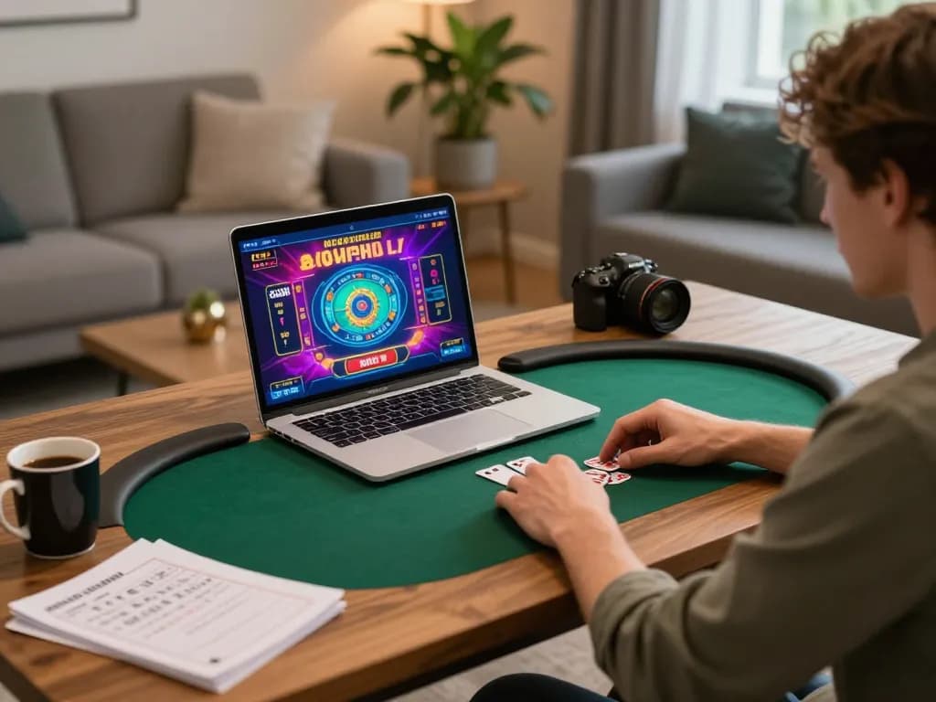 Player enjoying a strategic vb88 online poker game setup at home with colorful graphics and notes.