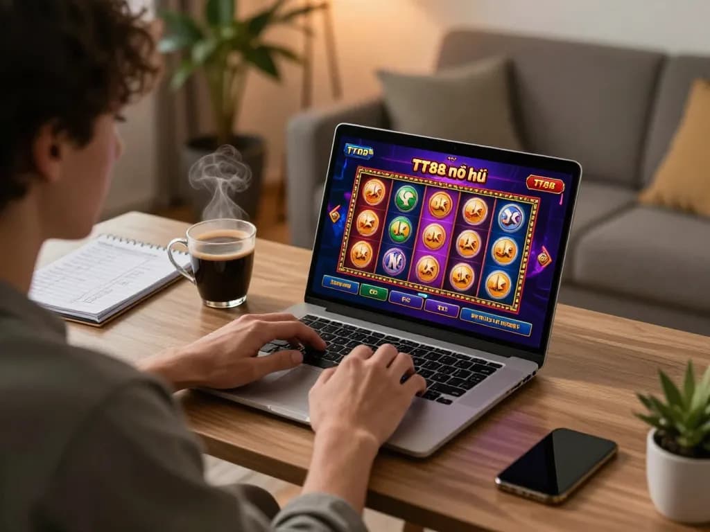 Engaged player enjoying TT88 nổ hũ online slots at a stylish home gaming setup.