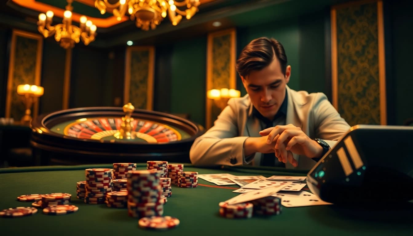Fly88 poker table scene with luxurious chips and a spinning roulette wheel exuding excitement.