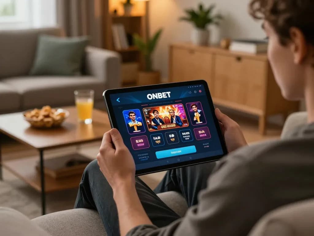 Engaging online gambling experience with ONBET app on tablet in a cozy home setting.