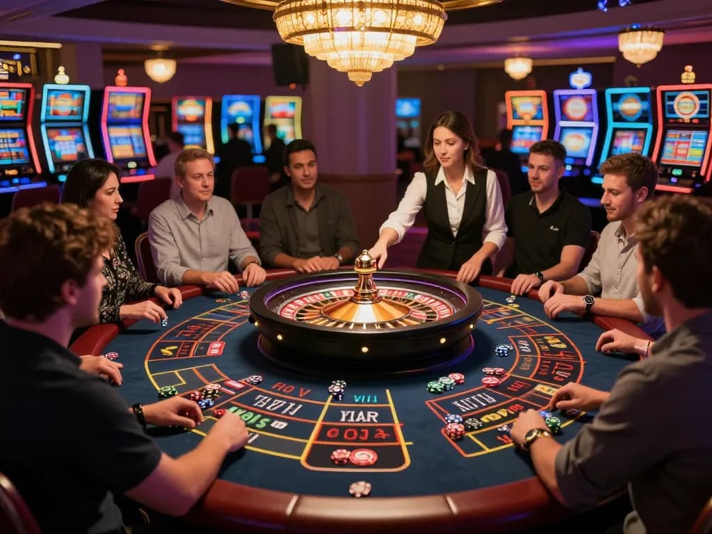 Players engaged in a thrilling roulette game at VMAX casino, showcasing strategic betting and excitement.