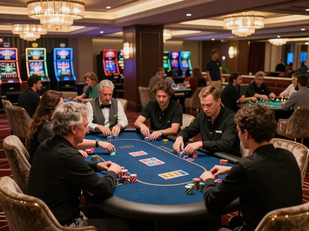 High-rollers calculating bets in a luxurious VIP gaming area, showcasing TG88 strategic poker gameplay