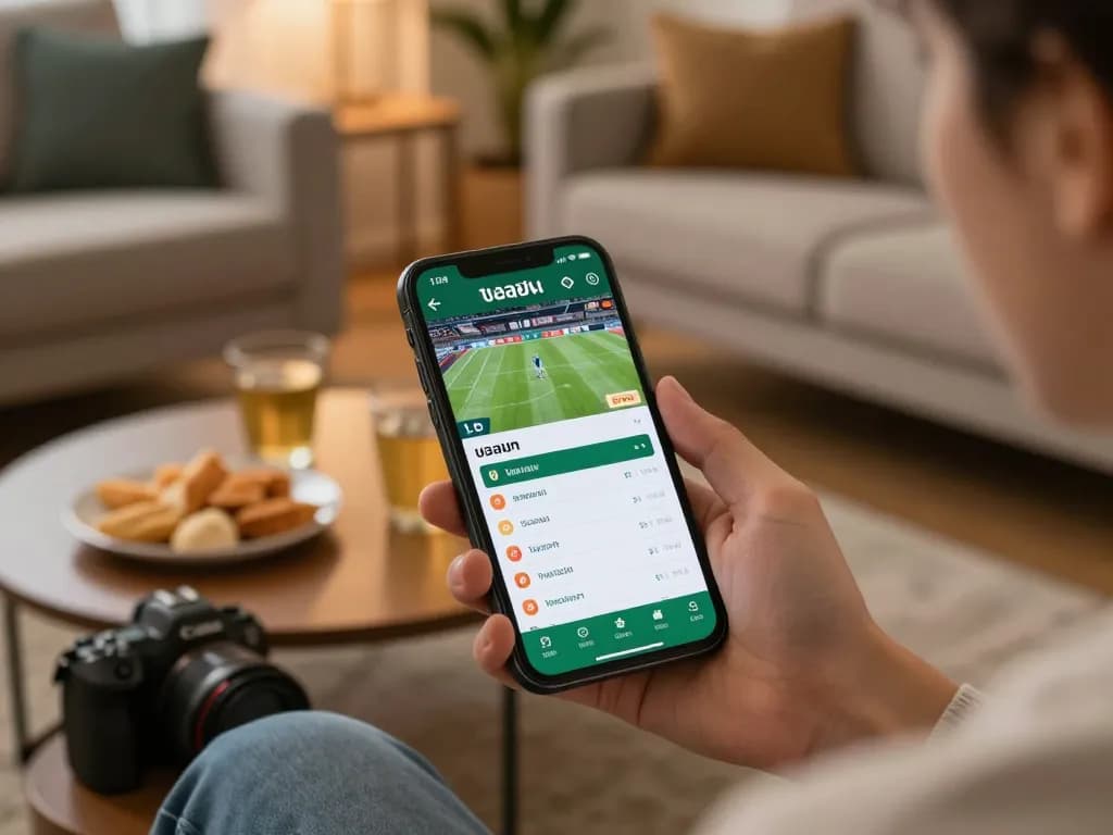 Betting on live sports events, featuring ผลบอลสด in action on smartphone during a casual home setting