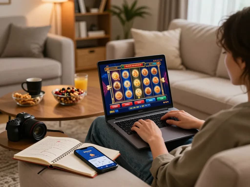 Engaging in online casino gaming with Haywin app on laptop in a cozy home setting