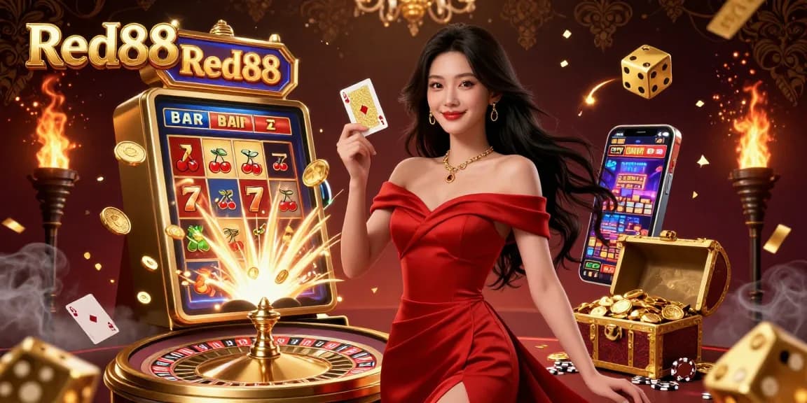 Experience the excitement of Red88 with a stunning illustration of a glamorous woman playing casino games.