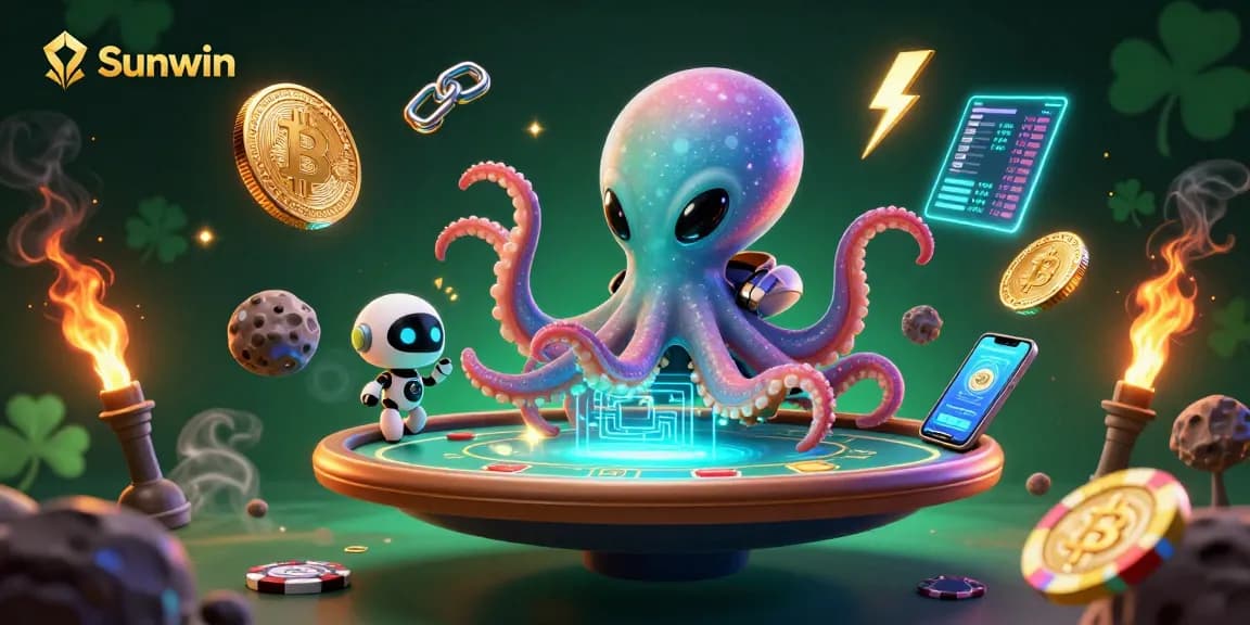 Sunwin highlights alien octopus dealing poker amidst vibrant cosmic elements and crypto coins