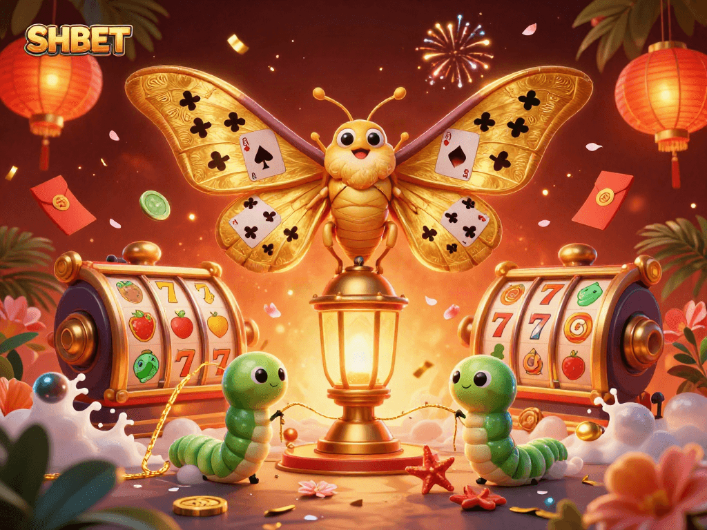 Experience SHBET's dynamic casino offerings with a vibrant 3D illustration featuring an atlas moth and slot reels.