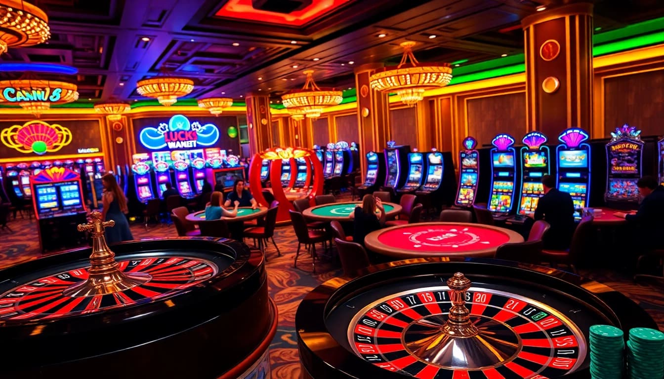 A thrilling gaming scene at Trang chủ LUCK8, highlighting poker tables, roulette, and vibrant slot machines.