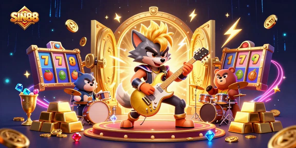 SIN88 showcases an electrifying casino scene with a rock star wolf and treasure elements