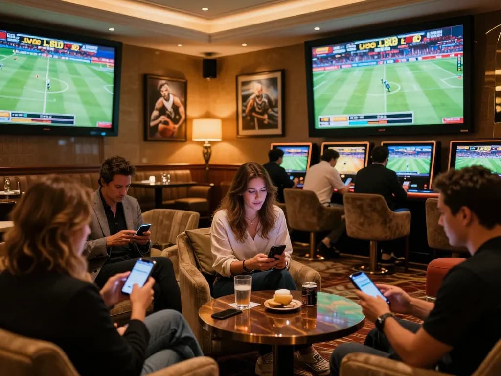 Sports enthusiasts analyzing stats while betting on LV88 events in a luxurious casino lounge.