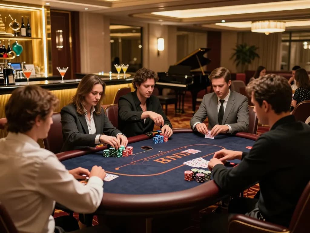 Experience high-stakes gaming with sin888 in an elegant VIP casino room showcasing intense poker action surrounded by luxury.