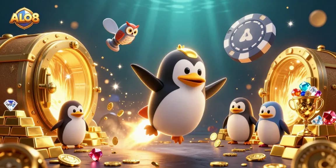 Experience the excitement of ALO8 as the golden penguin soars toward a casino in space.