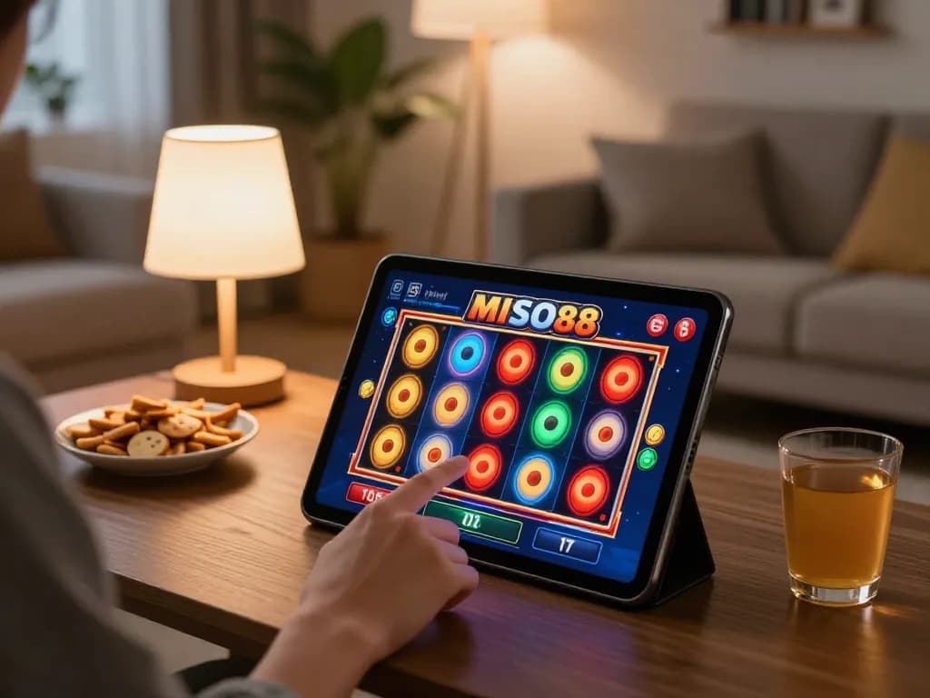 MISO88 player enjoying slot games on tablet in stylish home setting, showcasing responsible gaming.