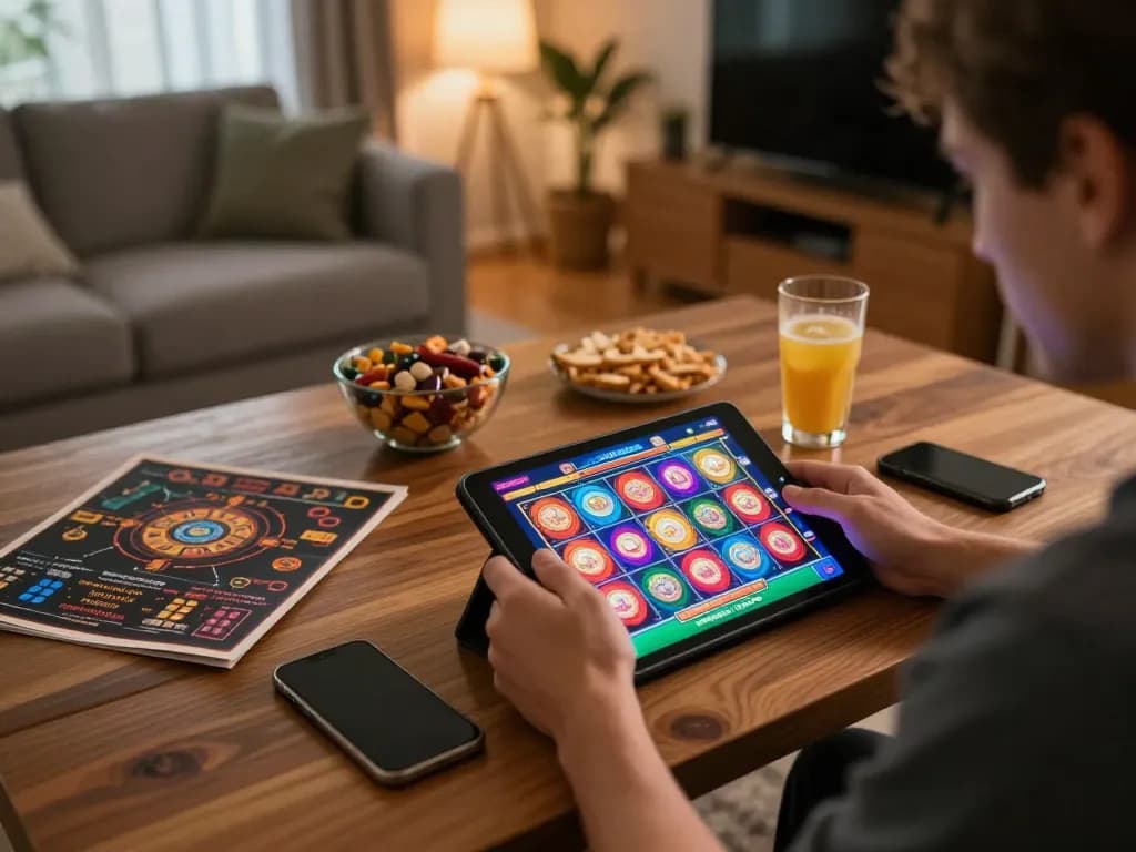 Bong88 player enjoying online slot games on tablet in a cozy home setting