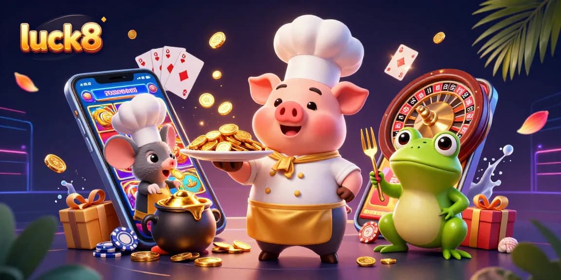 Engage in exciting gameplay at luck8 with a cartoon pig chef serving gold coins and casino elements.