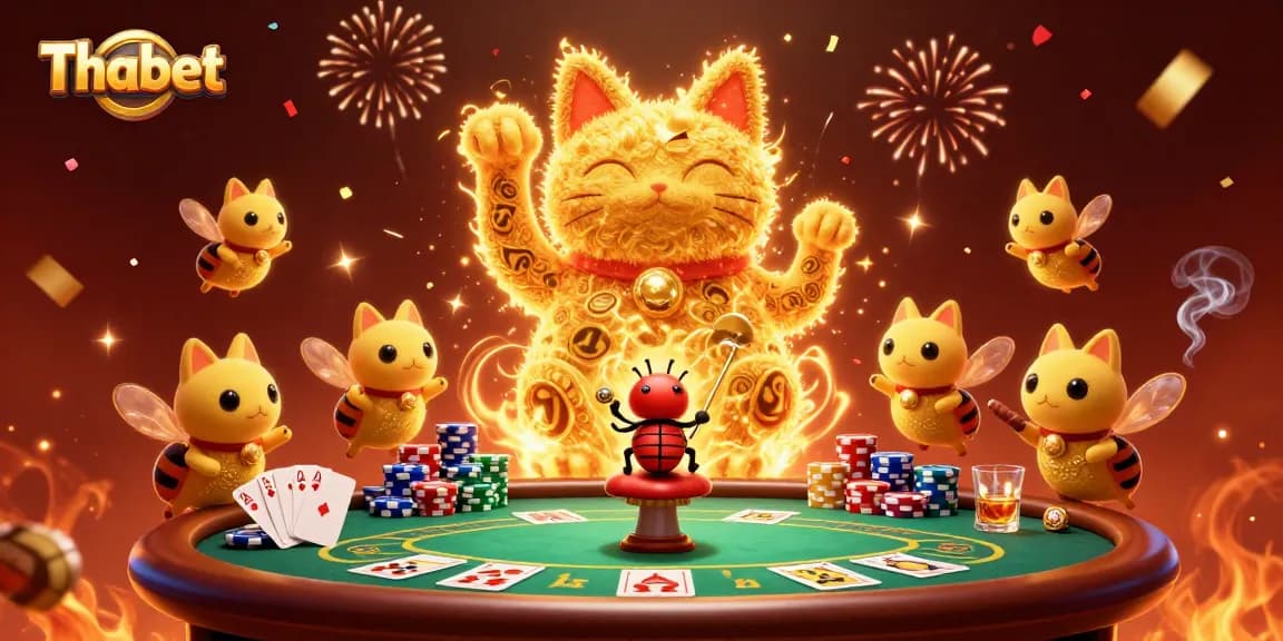 Experience the luck of Thabet with a golden cat and poker action in a vibrant casino scene.