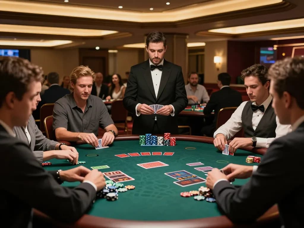 hd88 blackjack players calculating their strategies, engaged at a premium casino table under warm lighting.