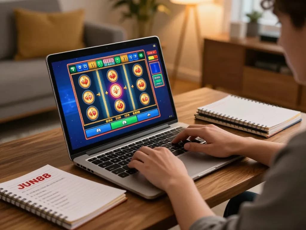 Player engaging in dynamic slot game at JUN88 on laptop in cozy home environment