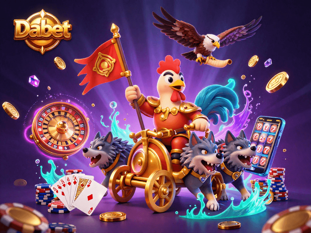 Dabet showcases a fierce 3D cartoon rooster warlord conquering a vibrant casino scene with golden coins and bright roulette wheels.