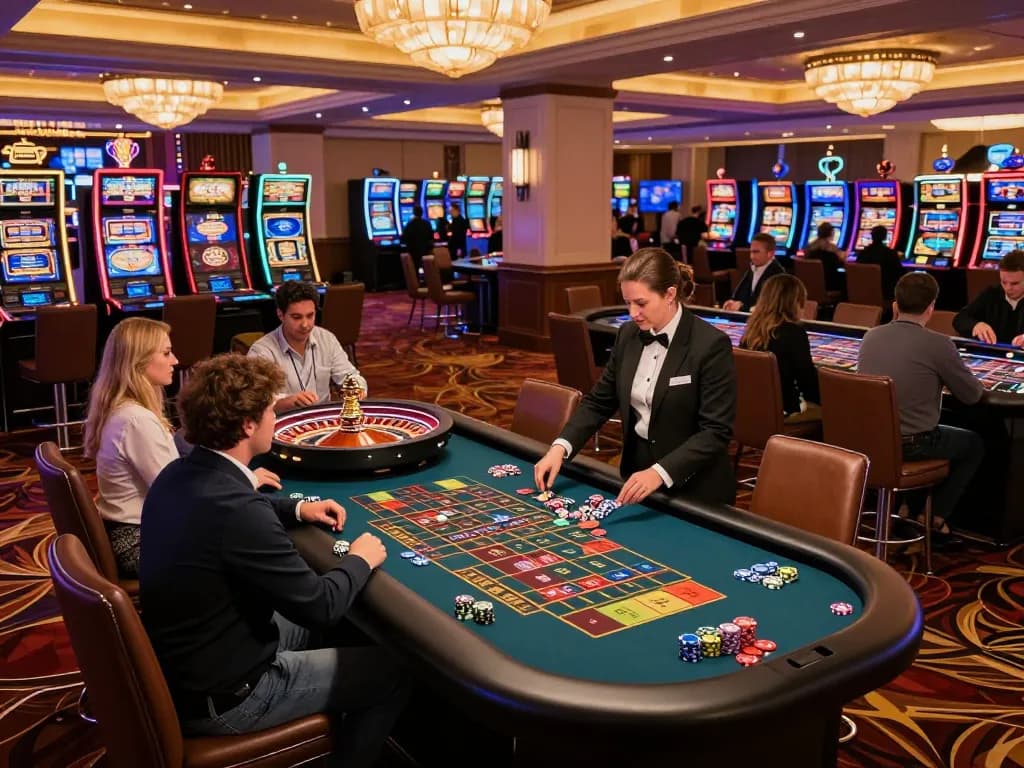 Players placing bets at a roulette table in a luxurious casino setting, ve88 providing thrilling game experiences.