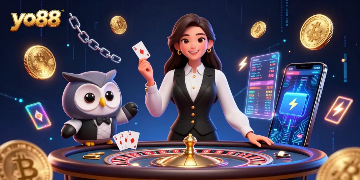 Spin the roulette wheel at yo88, featuring an elegant dealer and vibrant gaming elements.