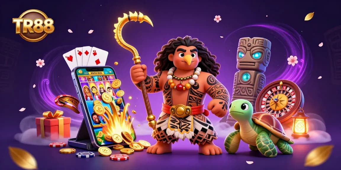 Win big at TR88 with a vibrant casino scene featuring a hawk, turtle, and slot games.