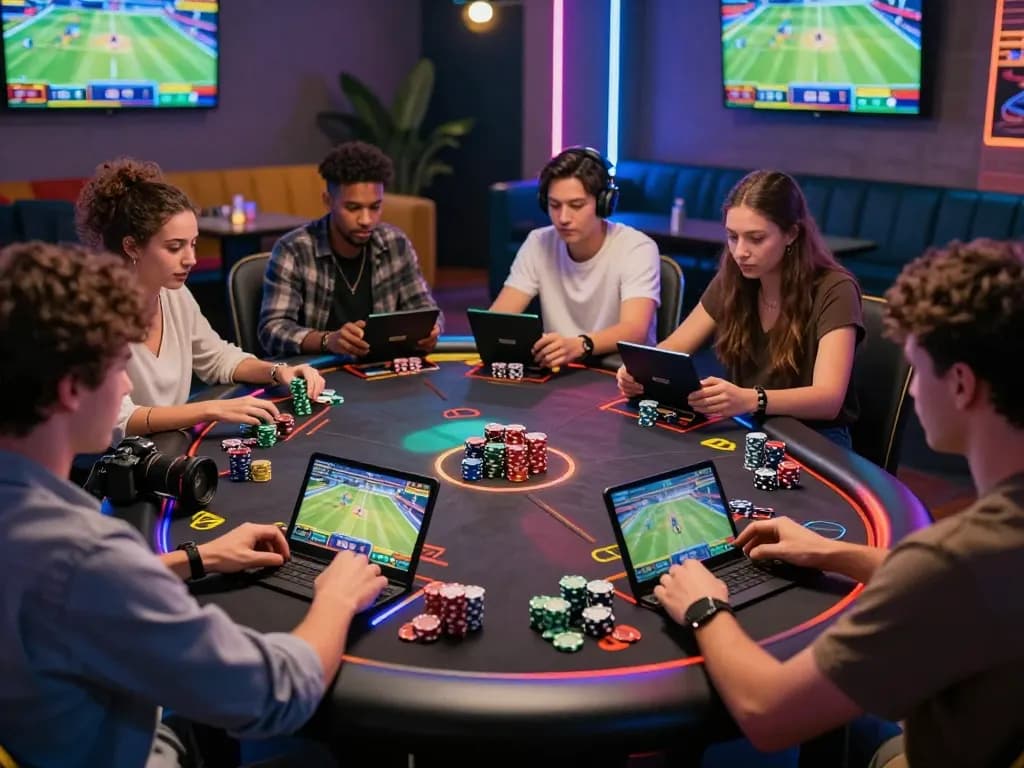 Friends engaged in online gambling with TG88 platform on multiple devices in a vibrant gaming lounge atmosphere.