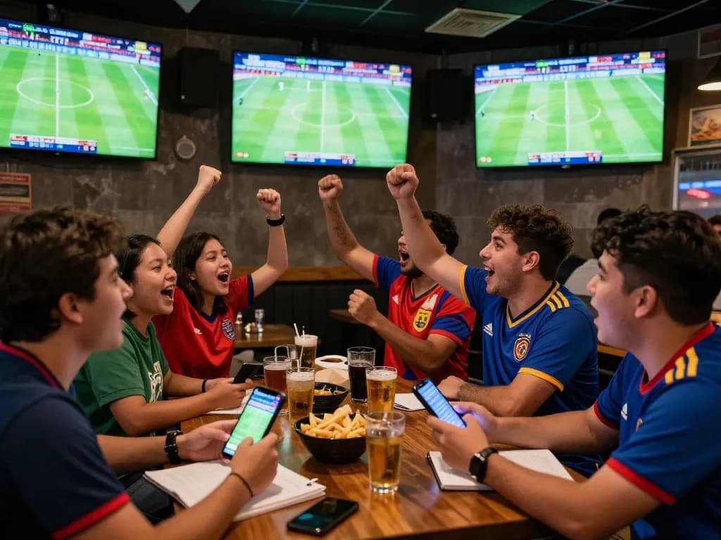 Fans celebrating goals while monitoring ผลบอลวันนี้ at a lively sports bar during intense moments.