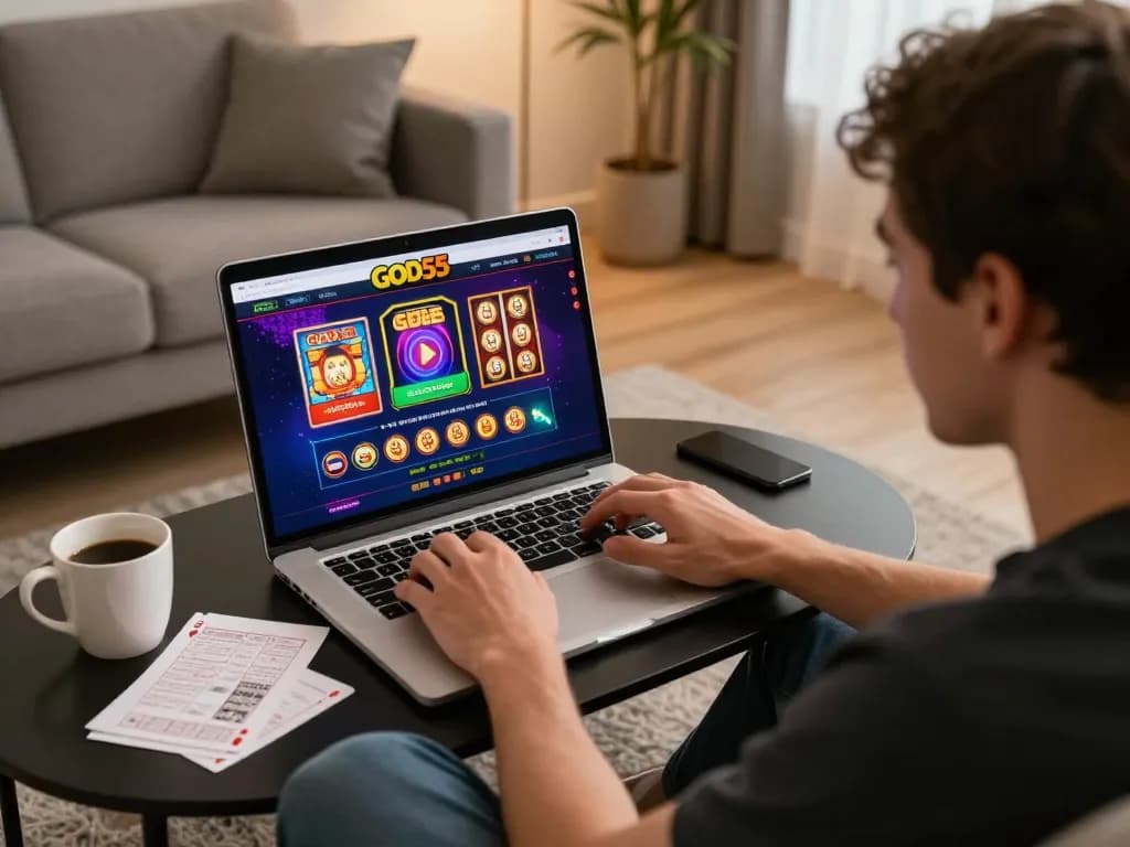 Engaged player exploring slots and poker games on God55 platform in a modern home setting