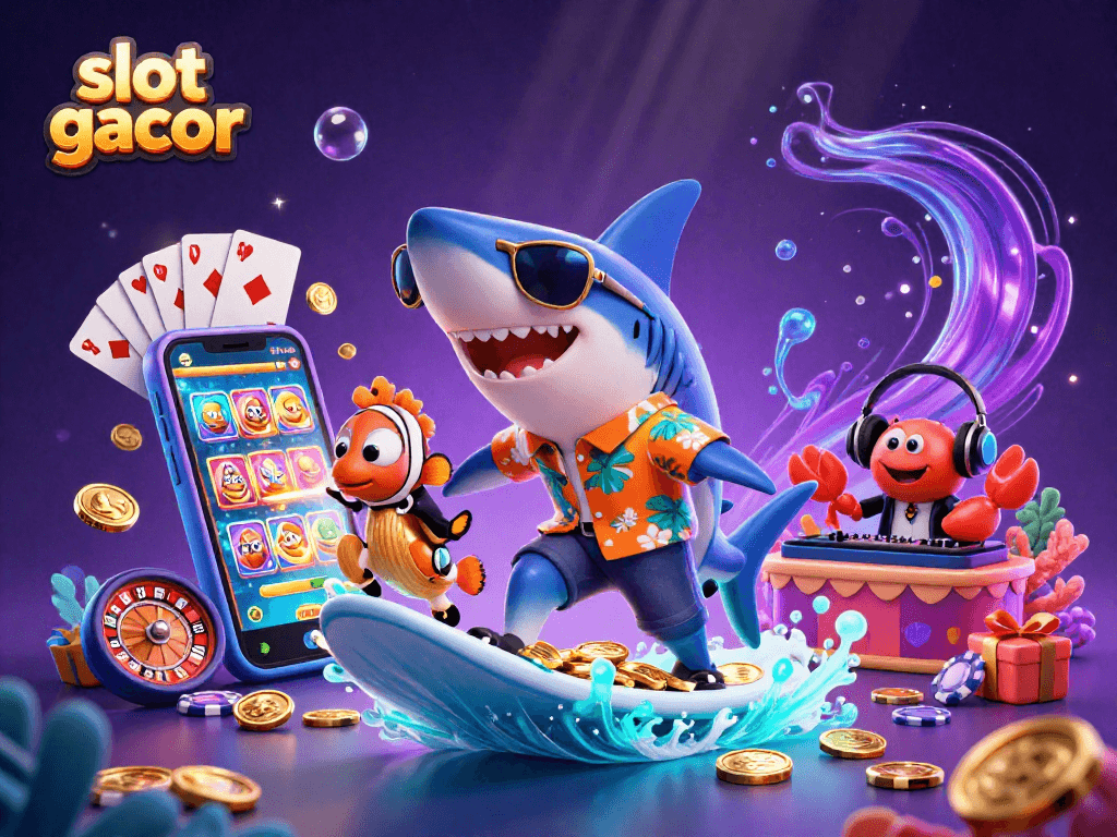 Engage with slot gacor in a vibrant underwater casino scene featuring fun characters and gaming elements.