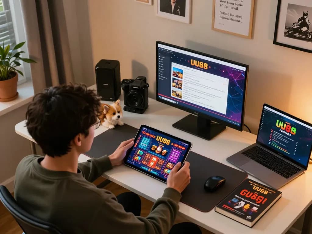 Engaging online gaming moment showcasing UU88 app on tablet, reflecting strategic gaming experience
