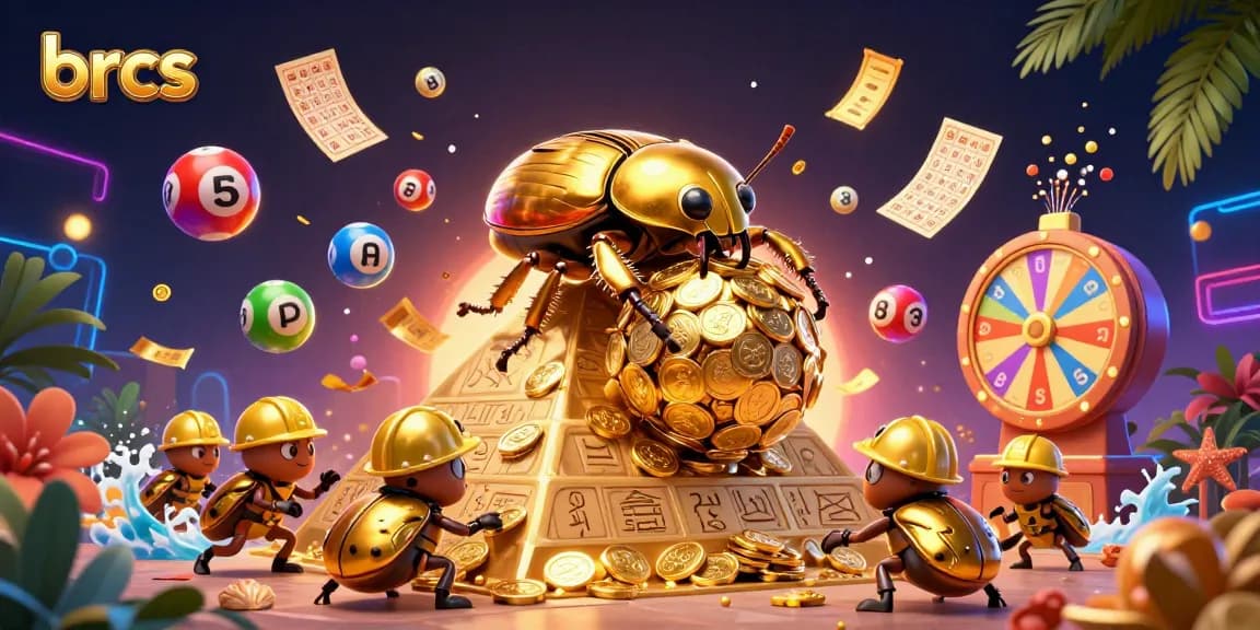 Experience the excitement at brcs with golden beetles transporting coins amidst vibrant gambling elements.