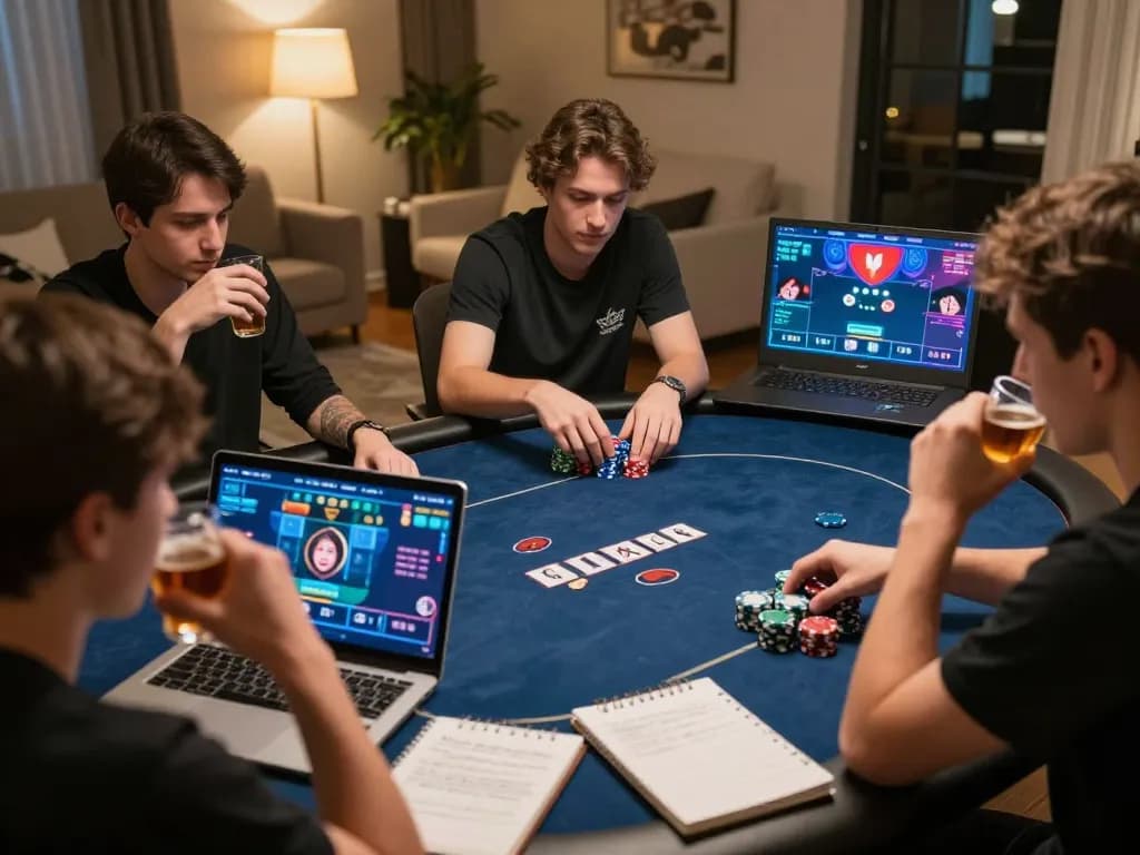 Kong88 players strategizing in a lively online poker game with engaging graphics and cozy atmosphere.