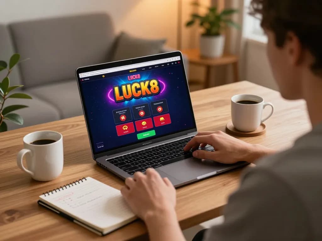 Người chơi LUCK8 chiến lược đặt cược trên laptop trong một không gian sống thoải mái.