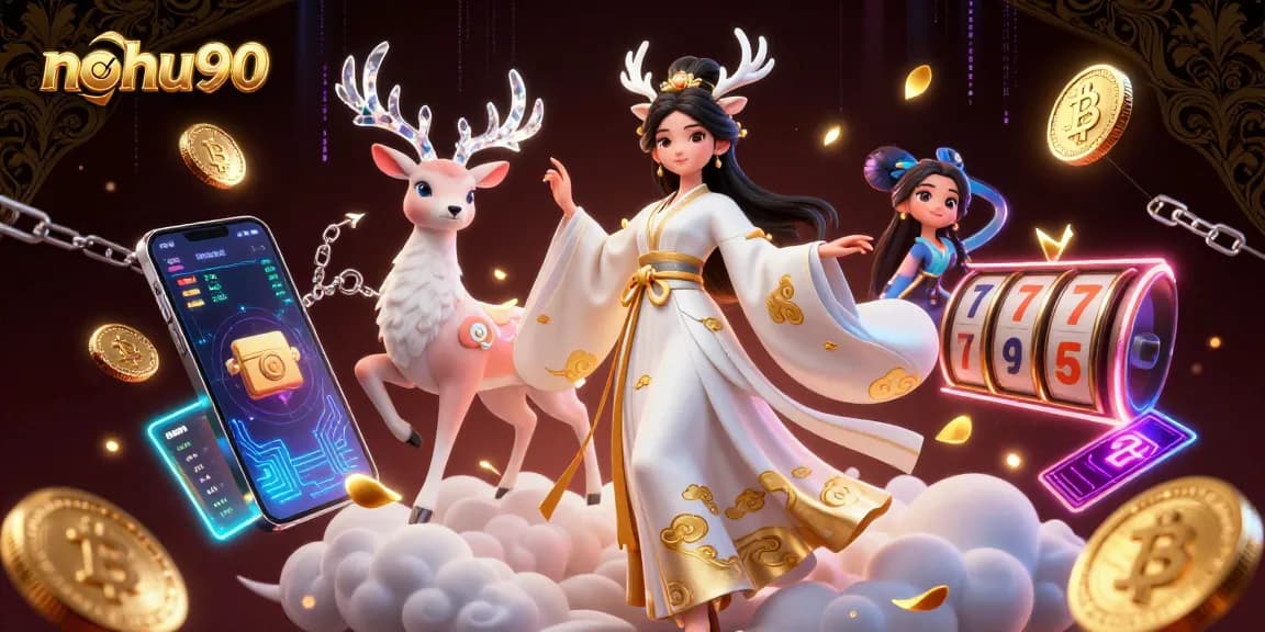 Nohu90 showcases immersive online gaming with vibrant 3D scenes and crypto elements, featuring captivating characters.