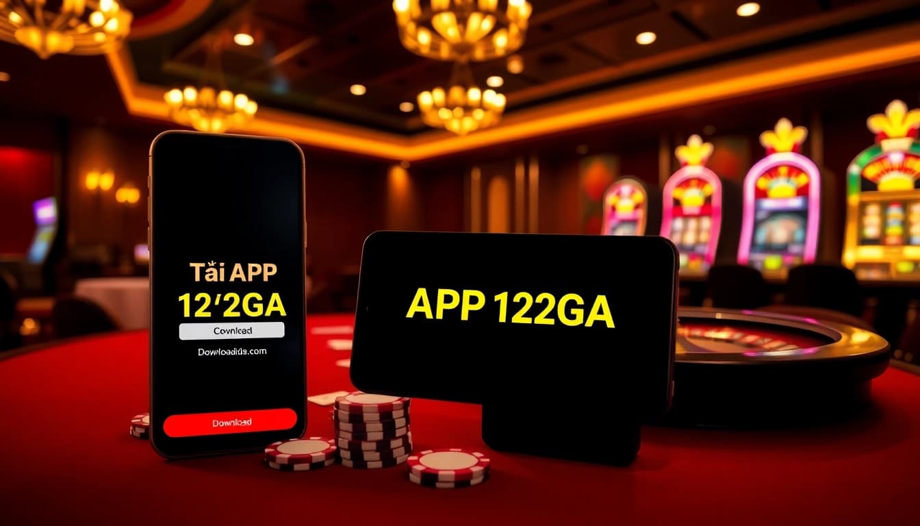 TẢI APP 123GA on a smartphone displayed amidst casino fun, featuring chips and a roulette wheel.