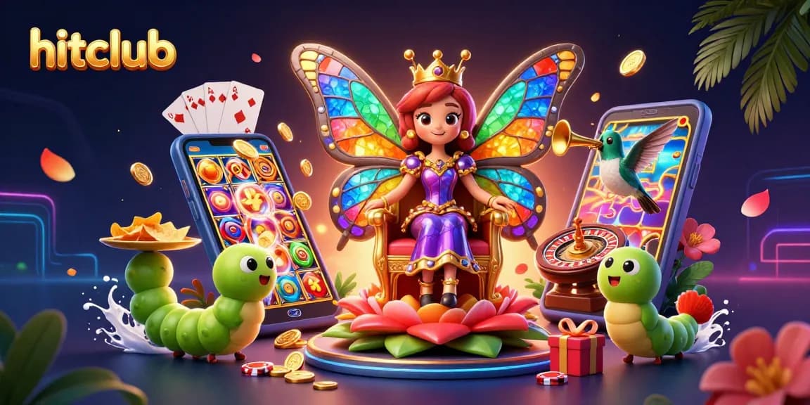 Engage with hitclub's dynamic gaming scene filled with vibrant elements and animated characters.