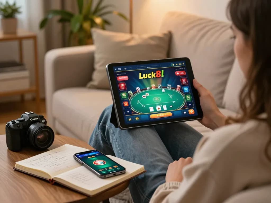 Player engaged in strategic online gaming with Luck8l app, showcasing a vibrant poker table setup.