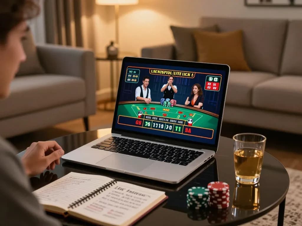 Player enjoying a live casino game on LC88 platform, showcasing a cozy home gambling experience with strategy notes.
