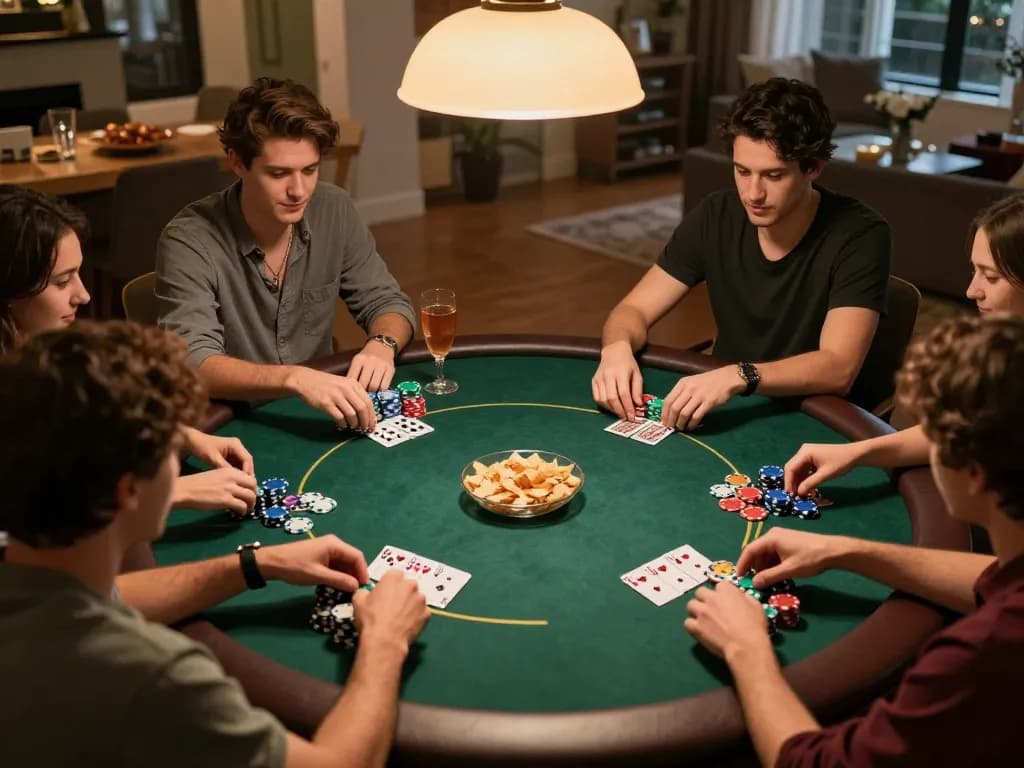 Friends enjoying a thrilling poker night at home while playing HZ88.