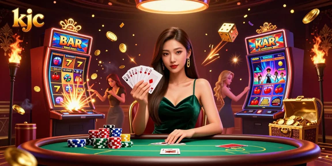 Engage in thrilling card games at kjc's luxury poker table surrounded by dazzling casino visuals.
