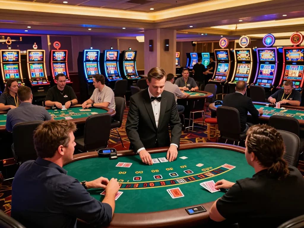 Players enjoying an exciting game of blackjack at 13Win casino, with professional dealers and vibrant atmosphere.