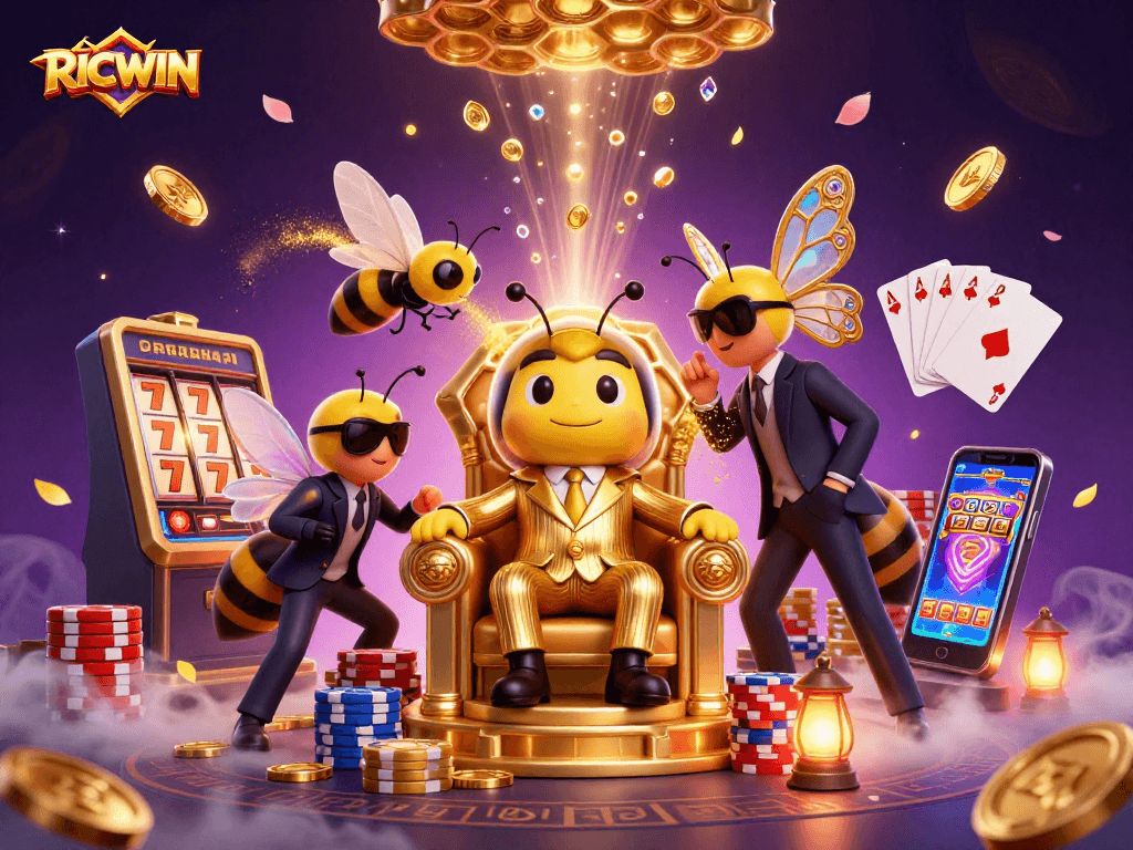 Engage with RICWIN's vibrant casino scene, featuring a bumblebee mob boss amidst golden chaos.