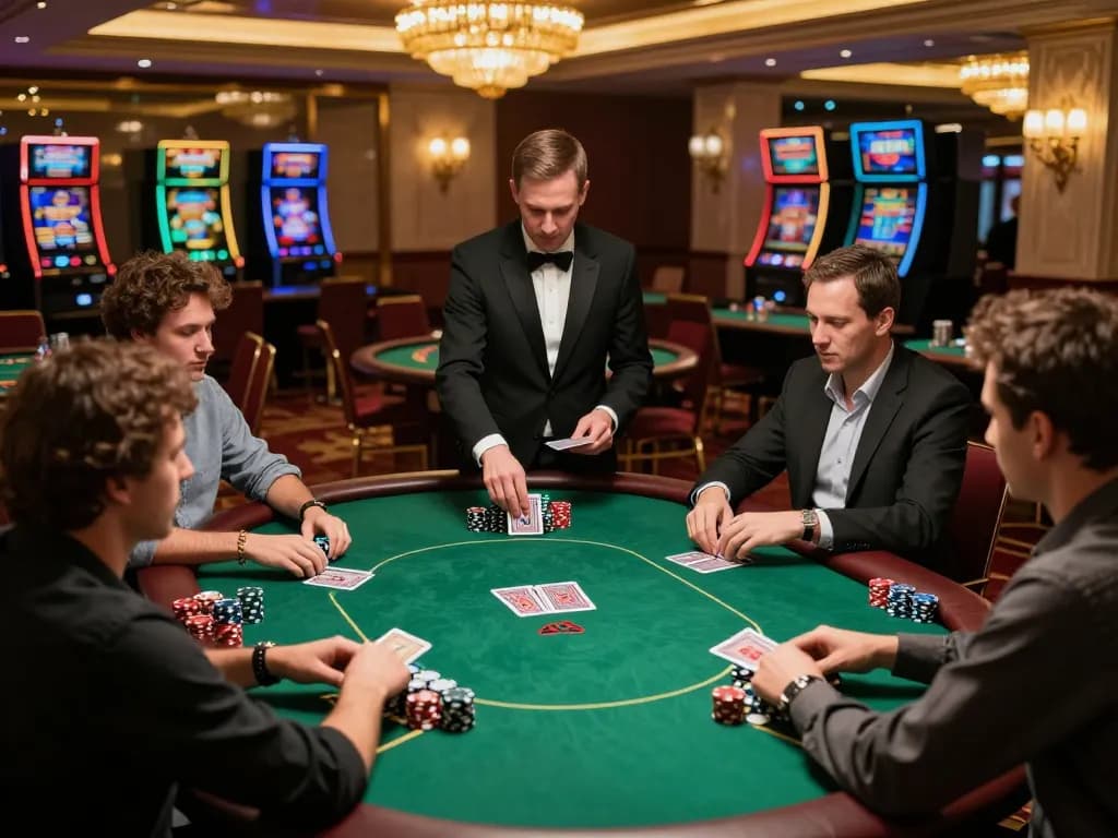 Players engage in intense poker gameplay at a luxury casino table, showcasing the thrill of 7m betting.