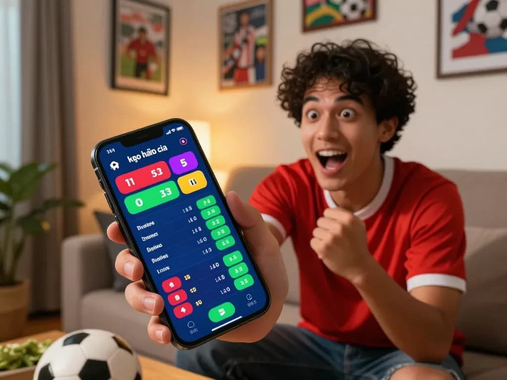 Analyzing kèo nhà cái 5 odds on a smartphone while enjoying sports from home.