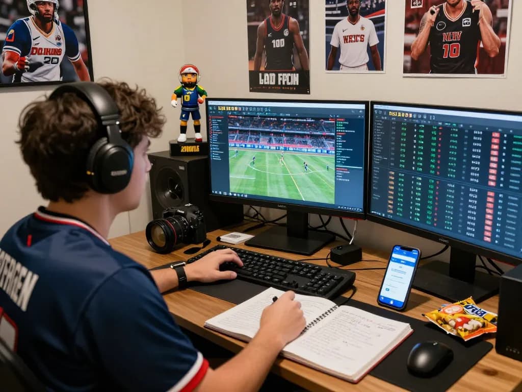 Gamer analyzing kèo nhà cái in a dynamic sports betting environment with multiple screens.